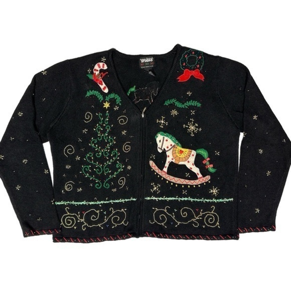 Vintage Christmas Beaded Embroidered Black Knit Zip Sweater Cardigan Large